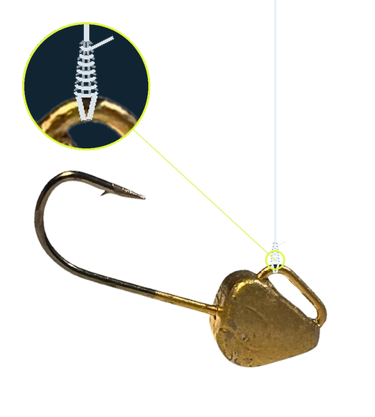 Fishing line tied with a clinch knot at the top of the Easy Tie Eye - the jig hangs level