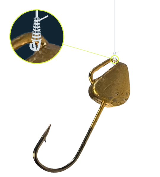 Fishing line tied with a clinch knot at the nose of the Easy Tie Eye - the jig hangs vertical
