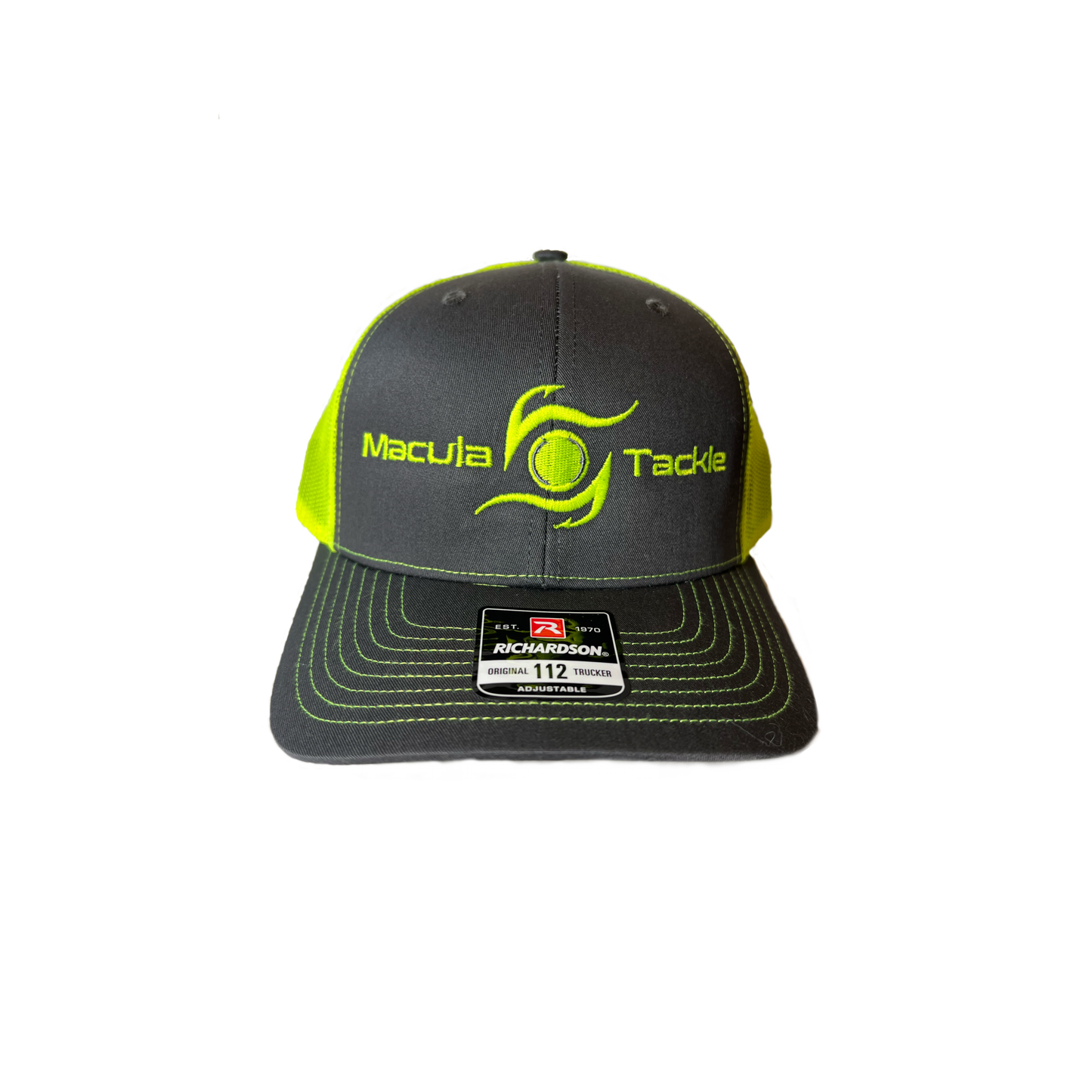 hat with chartreuse mesh back snapback with macula tackle and logo on the front