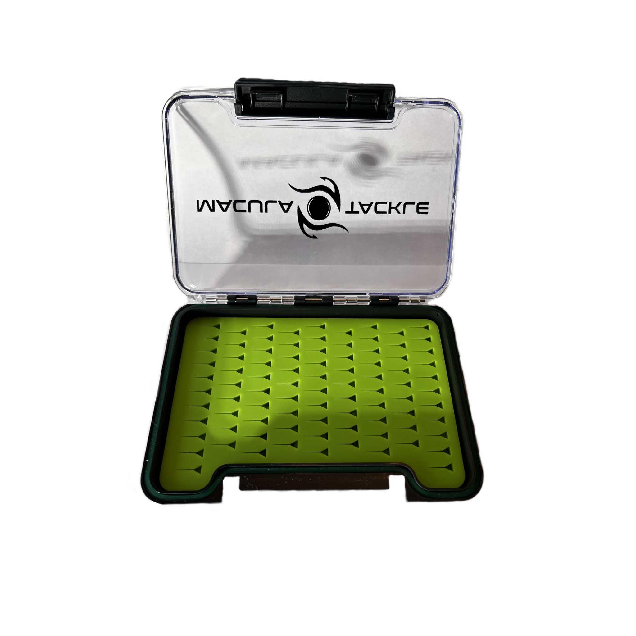 jig box small dimension with chartreuse hook holding plastic 