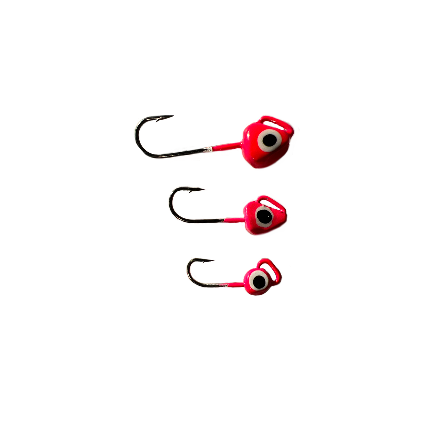 Three hot pink dream jigs with large eyelets to show size difference Size 6 (1/16oz), Size 8 (1/32oz), and Size 10 (1/48oz) 