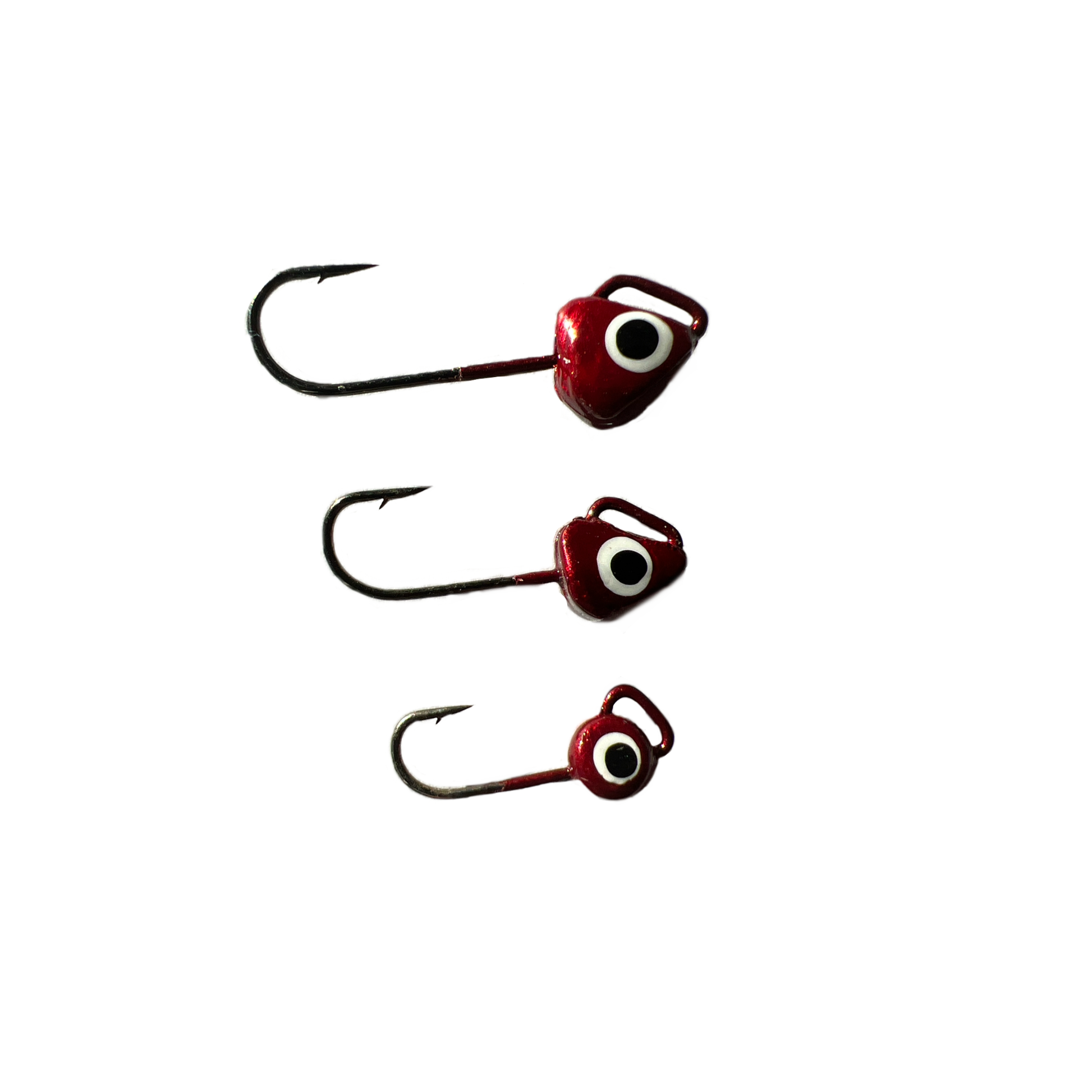 Three red dream jigs with large eyelets to show size difference Size 6 (1/16oz), Size 8 (1/32oz), and Size 10 (1/48oz) 