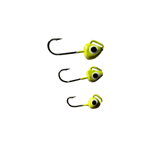 Photo showing size difference of the three chartreuse dream jigs with large eyelets Size 6(1/16oz) Size 8 (1/32oz), Size 10 (1/48oz) selec the size you want for a 2pk of that size