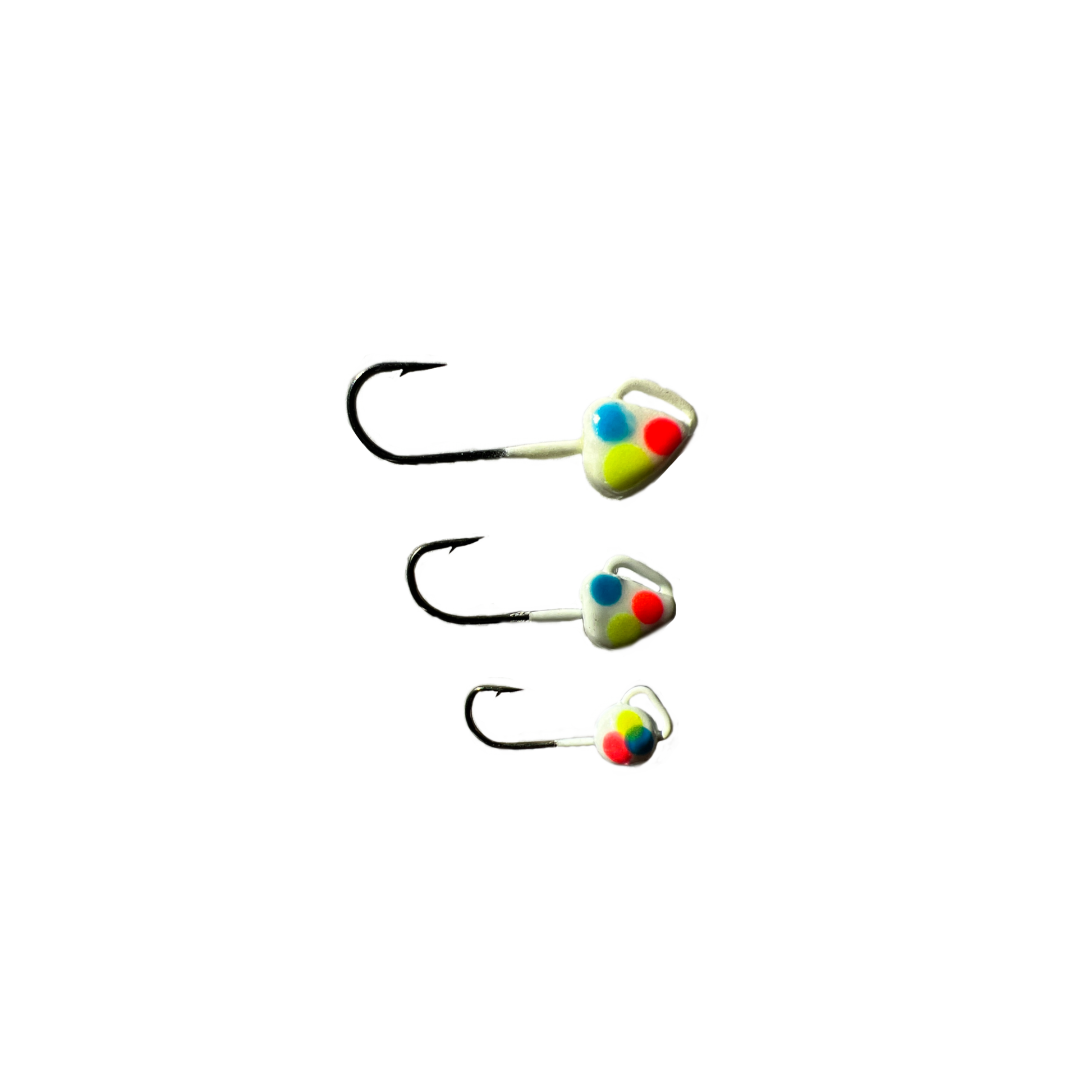 Three GLOW wonderbread dream jigs with large eyelets to show size difference Size 6 (1/16oz), Size 8 (1/32oz), and Size 10 (1/48oz) 