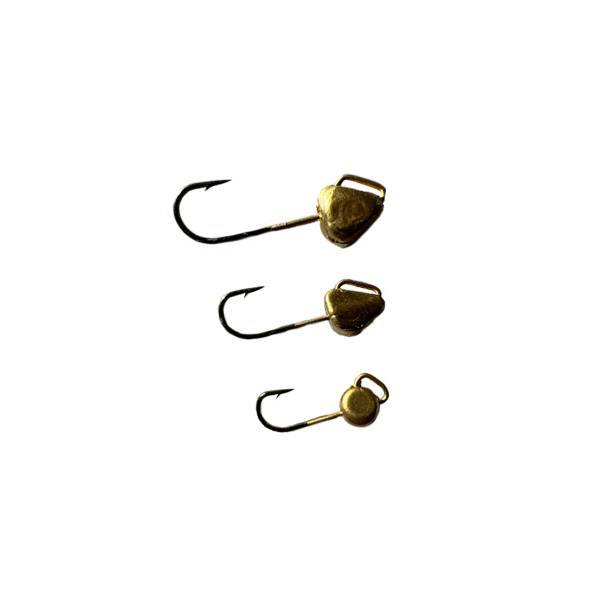 Three gold dream jigs with large eyelets to show size difference Size 6 (1/16oz), Size 8 (1/32oz), and Size 10 (1/48oz) 