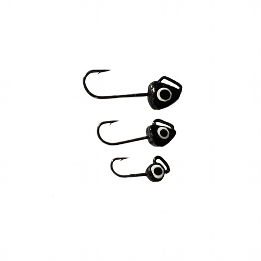 three black "Dream jigs" denoting size differences. Size 6 1/16 oz on the top, Size 8 (1/32oz), then Size 10 (1/48oz) Select what size you want for a 2 pack in this color