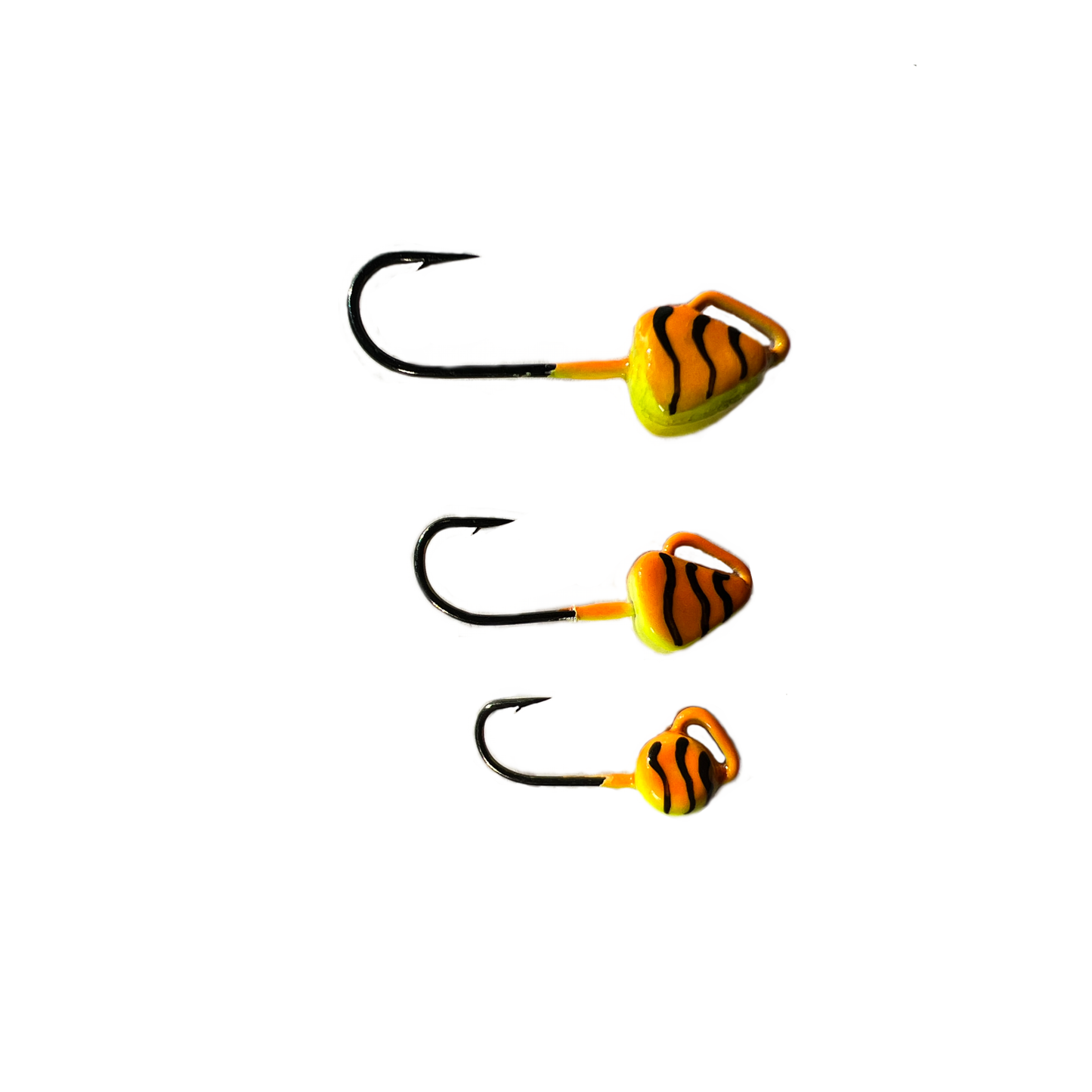 3 tiger striped orange dream jigs to show sizing Size 6 (1/16oz), Size 8 (1/32oz), Size 10 (1/48oz) large eyelet. chose size and get 2 per pack